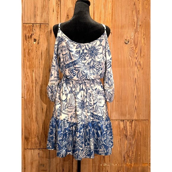 Eliza J Womens Cold Shoulder Floral Bohemian Dress Size 6 Blue & White Polyester - Picture 3 of 6